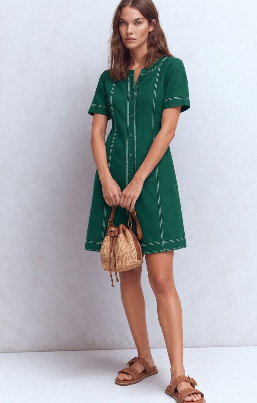 BODEN Green Callie 100% Linen Contrast Stitch Button Front Short Dress, Sz 4R $2